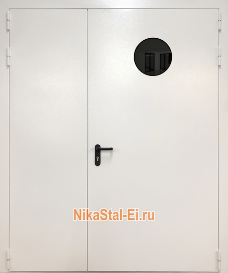 Двупольная противопожарная дверь ДПМ eis-60 из оцинкованной стали с круглым остеклением
